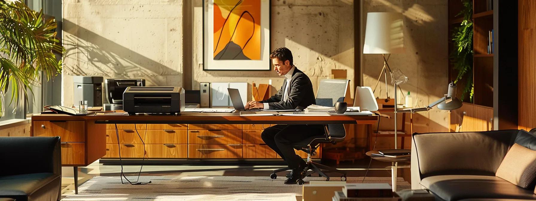 a focused office scene features a business professional engaged in a negotiation over printer lease agreements at a sleek modern desk, surrounded by documents and a laptop, conveying an atmosphere of strategic decision-making.