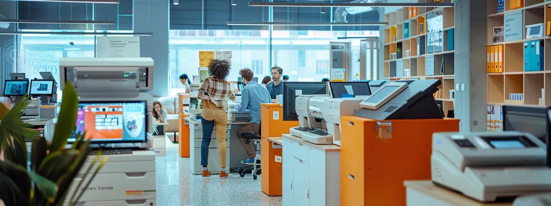 a modern office cubicle filled with advanced printers in action, showcasing a seamless integration of technology and office workflow with professionals discussing rental options amid vibrant marketing materials.