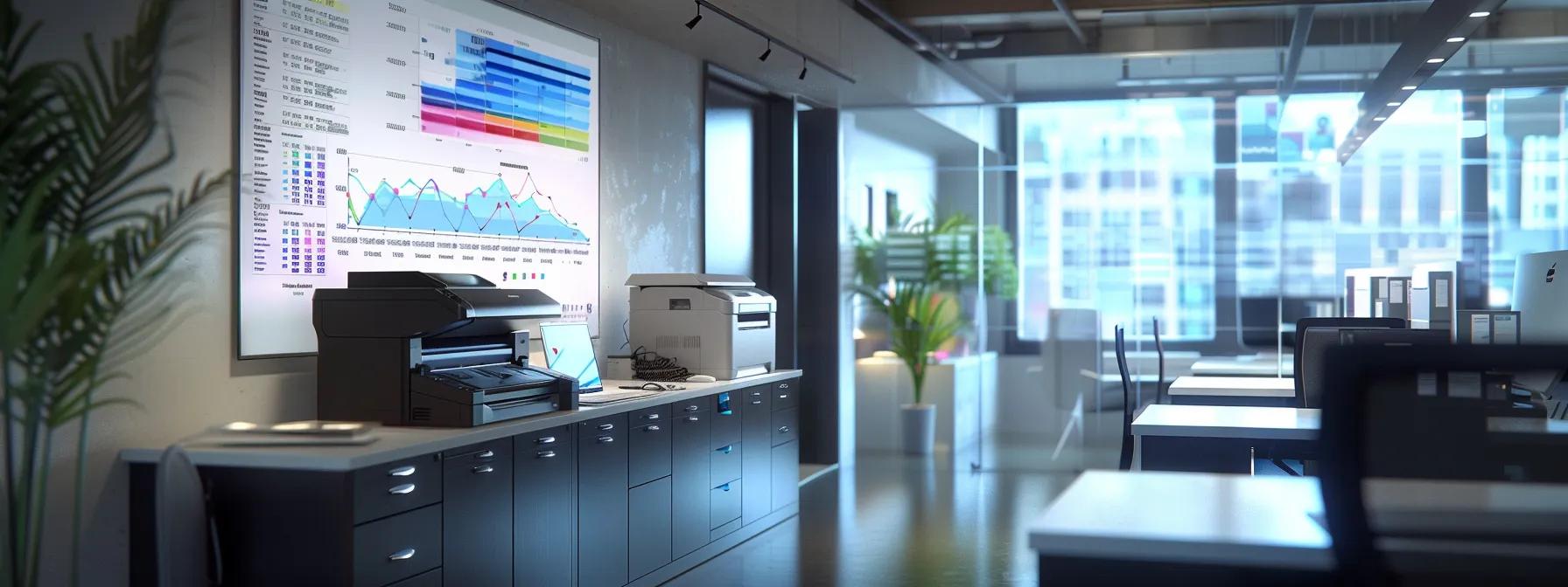 a modern office environment with sleek, high-tech commercial printers prominently displayed, accompanied by a visually engaging chart illustrating financial metrics and lease comparisons on the wall, all under bright, focused lighting to emphasize the importance of informed financial decisions in printer leasing.