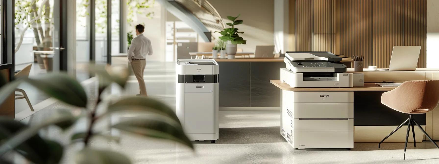 a modern office setting showcases a sleek, high-tech copier machine surrounded by busy professionals engaged in collaborative discussions, emphasizing the dynamic benefits of copier rentals for organizations.