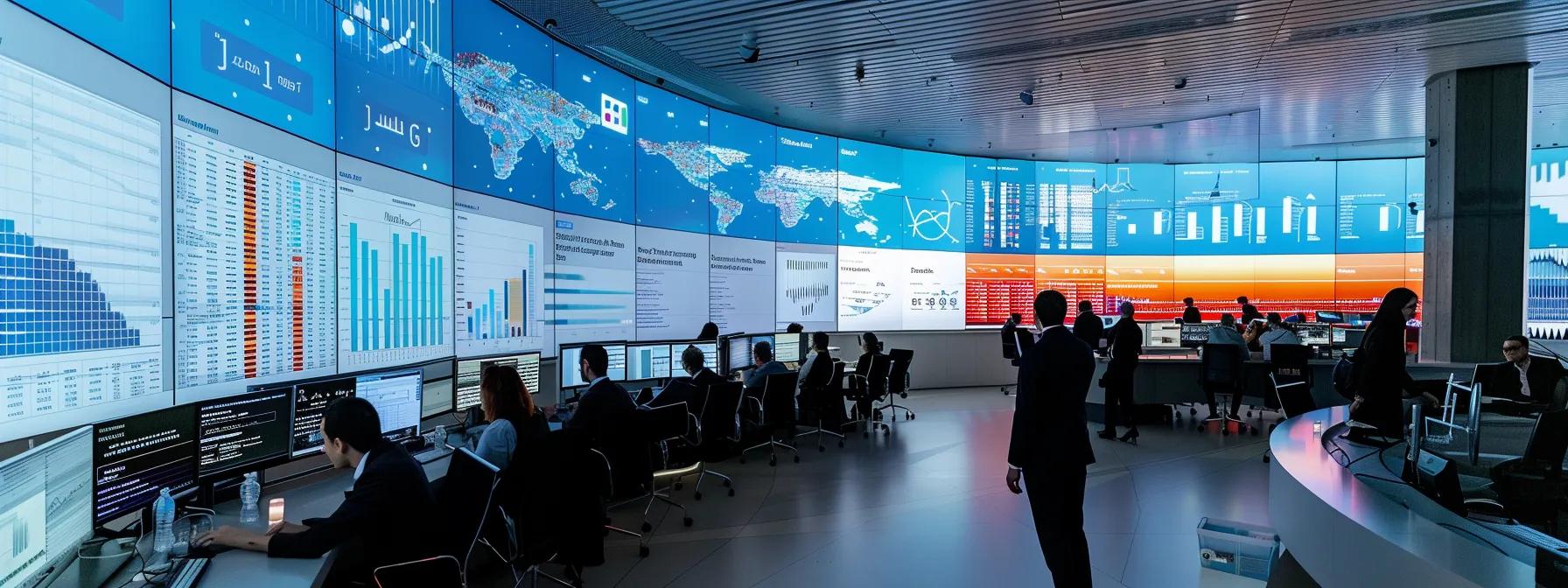 a modern office space bustling with professionals analyzing graphs and charts on large screens, highlighting the financial implications of leasing versus buying decisions in a sleek, high-tech environment.