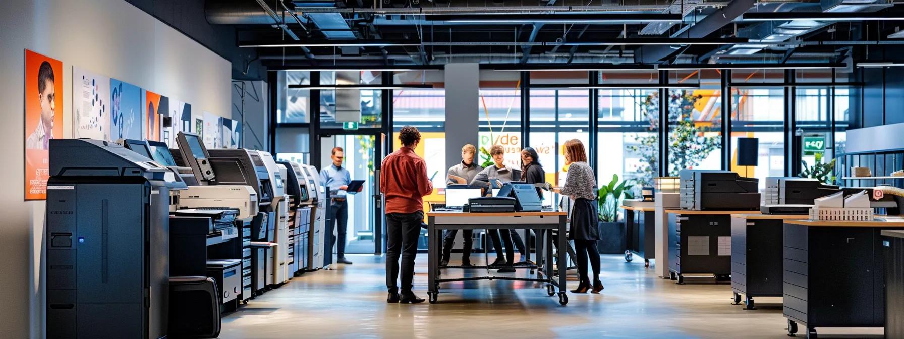 a modern office space filled with sleek, high-tech printers and copiers, showcasing various types of printed materials like colorful brochures and black-and-white reports, while a team of professionals assesses their printing needs around a conference table, illuminated by bright, efficient lighting.
