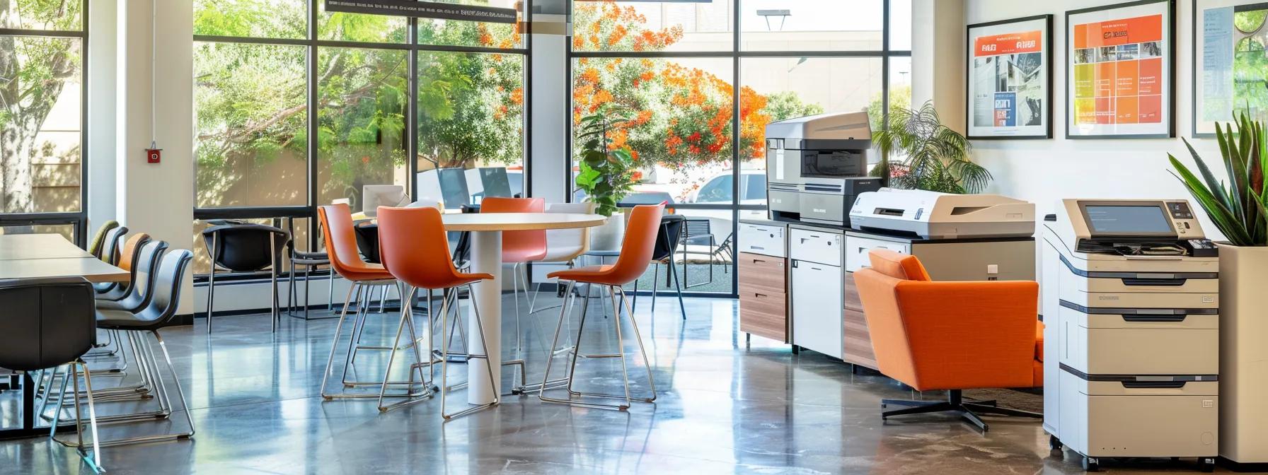 a modern office space in ventura features a sleek, multifunction printer surrounded by engaged employees discussing vivid testimonials and case studies about their experiences with printer rentals, highlighting both the challenges and successes in a vibrant atmosphere of collaboration and negotiation.