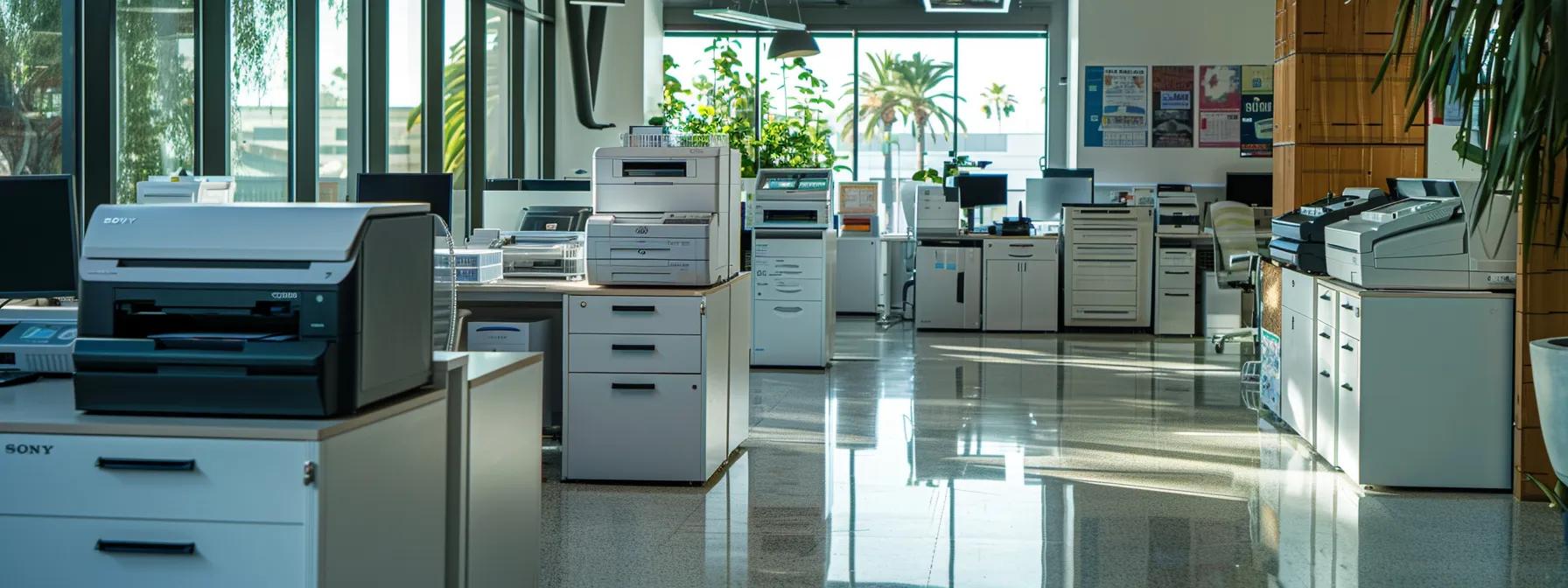 a modern office space in thousand oaks features well-maintained printers and copiers, highlighting a professional technician performing thorough maintenance, with a focus on polished equipment and organized workstations that signify efficiency and reliability.