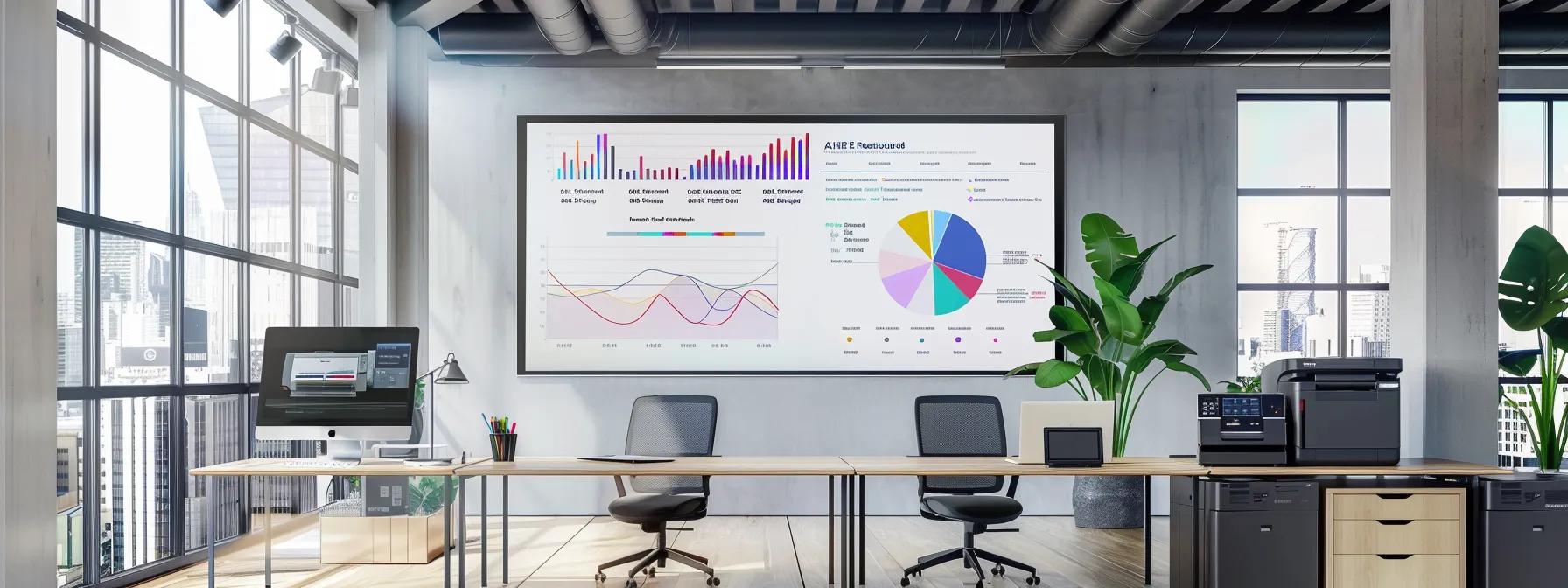 a modern office space with sleek furniture showcases a large digital display comparing various printer rental options, featuring vibrant charts and graphs that highlight pricing models and service features in a professional setting.