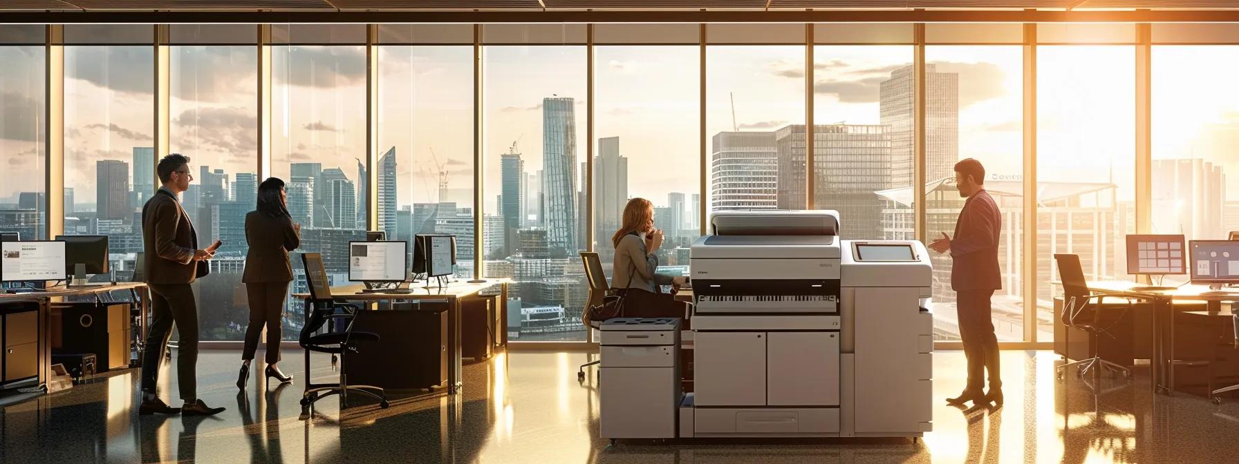 a modern office workspace features a sleek, high-tech printer prominently displayed, surrounded by professionals engaging in discussions and reviewing rental contracts against the backdrop of a dynamic urban skyline, emphasizing cost-effective printing solutions and collaborative strategy.
