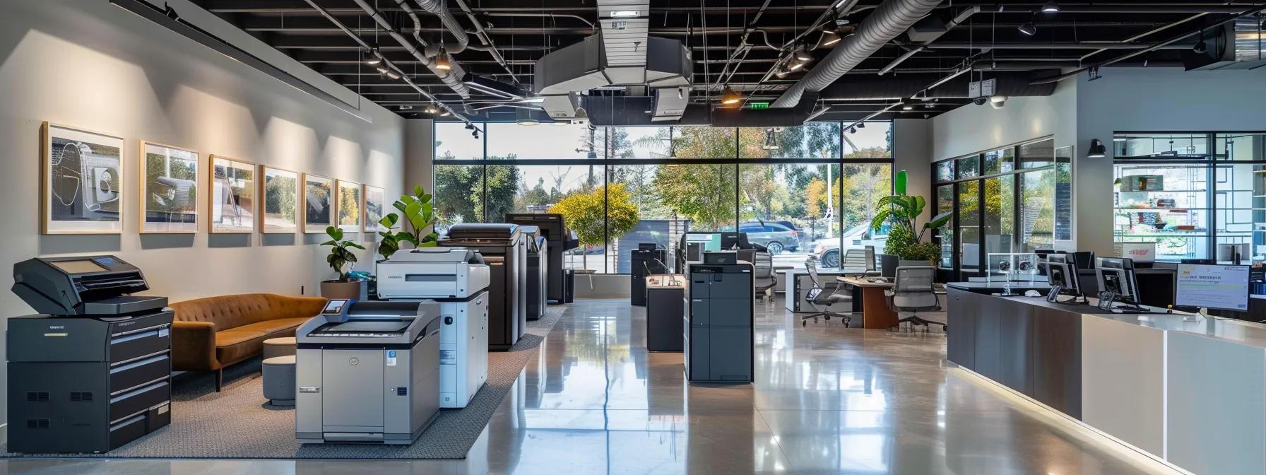 a modern, sleek office space is filled with high-tech commercial printers, showcasing various models that emphasize versatility and cutting-edge technology, highlighted by dynamic, artificial lighting that underscores the importance of functionality for thousand oaks businesses.
