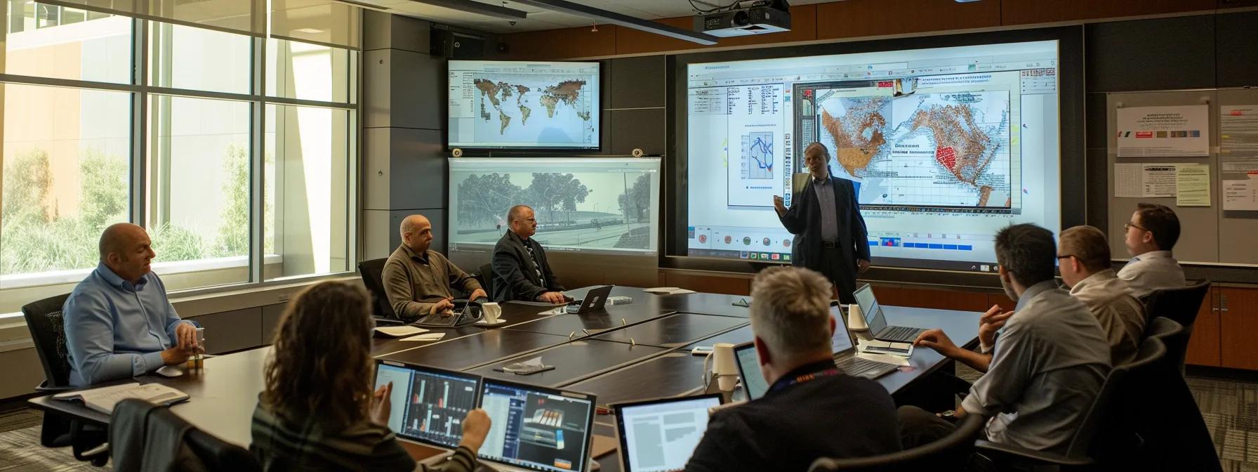 a professional office setting showcases a focused business team engaging in a detailed discussion around a large conference table, surrounded by lease documents and digital devices, emphasizing the importance of reviewing terms before signing a commercial printer lease.