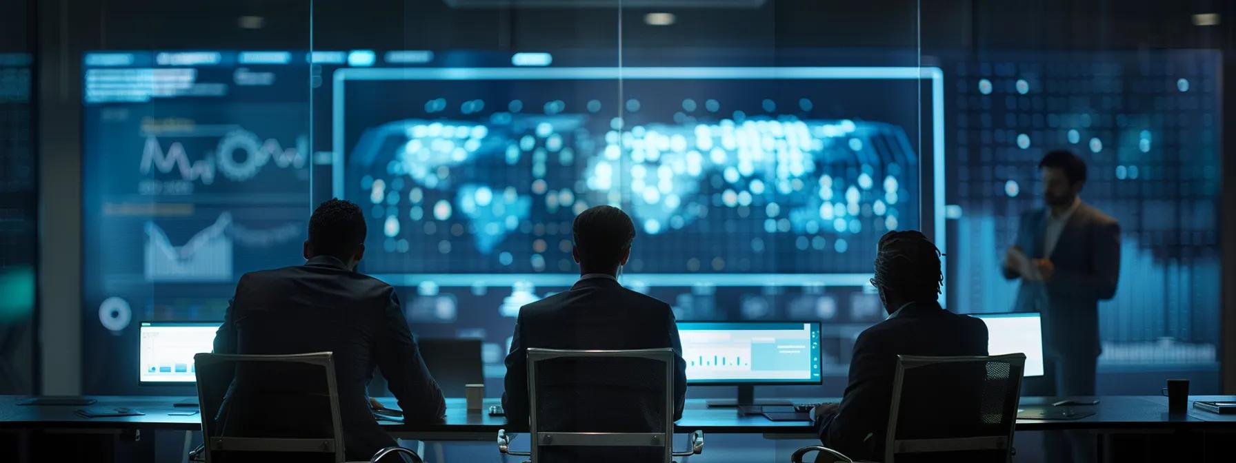 a professional office space showcases a sleek, modern conference table surrounded by business professionals intently discussing a large, detailed chart of printer leasing options on a digital screen, emphasizing the importance of informed decision-making in commercial printer services.