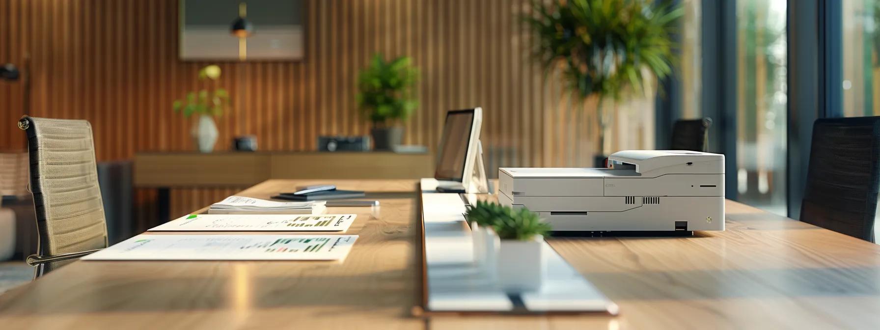 a sharply focused office setting featuring a sleek conference table adorned with legal documents and a modern printer, conveying the critical nature of examining rental agreements amidst an atmosphere of professionalism and urgency.