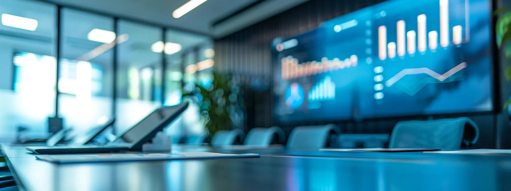 a sleek, modern office environment showcasing a meticulously arranged conference table with a high-resolution projector displaying detailed graphs and charts highlighting printer lease maintenance costs, emphasizing the strategic discussion among professionals in thousand oaks.
