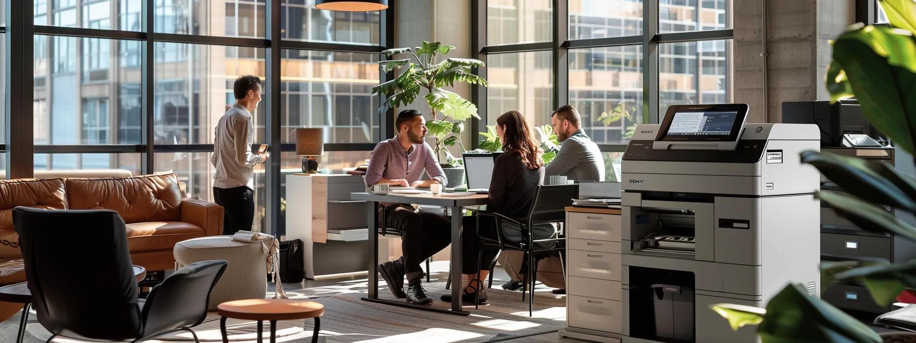 a sleek, modern office environment features a high-tech printer surrounded by focused professionals engaged in discussion, emphasizing the importance of selecting a reliable printer lease maintenance provider.