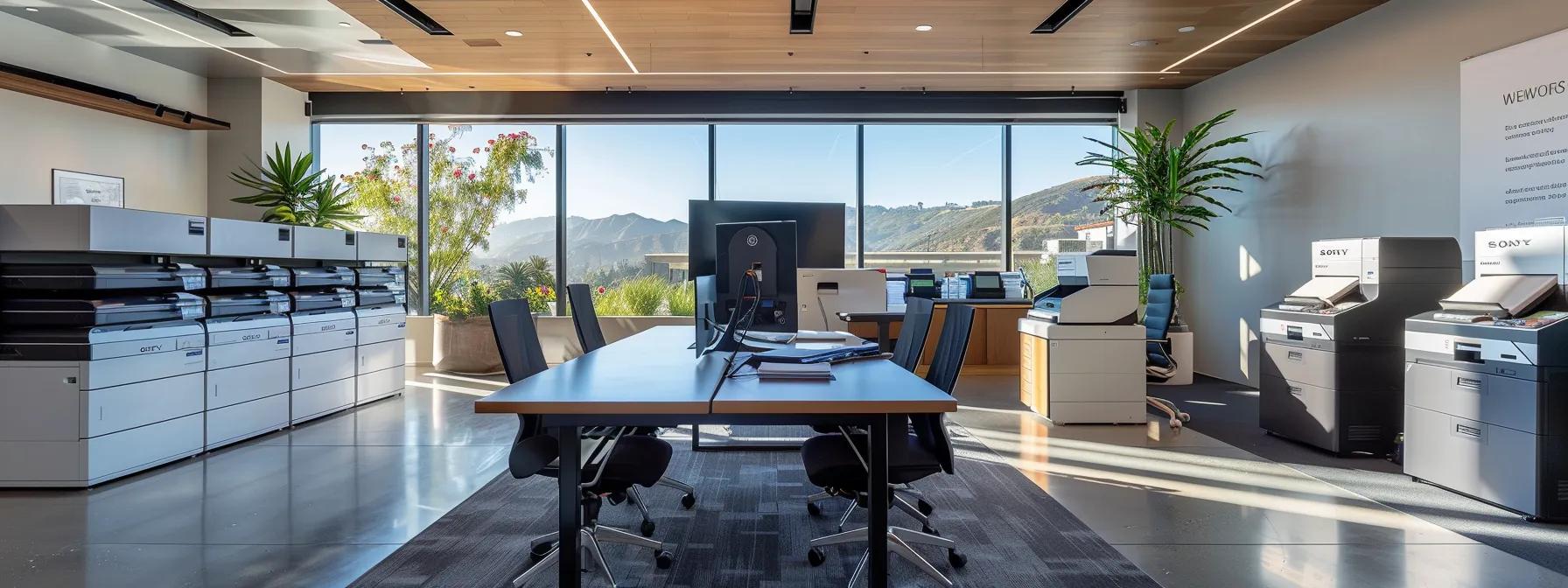 a sleek, modern office environment in santa barbara features an array of high-tech printers and leasing agreements displayed across an elegant conference table, highlighting the intricate factors that determine monthly lease costs.