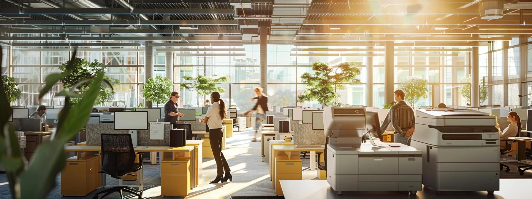 a sleek, modern office environment showcases a high-tech commercial printer in action, surrounded by engaged employees efficiently managing digital documents and collaborating on projects, highlighting the benefits of optimized workflows and enhanced productivity in a bustling business setting.