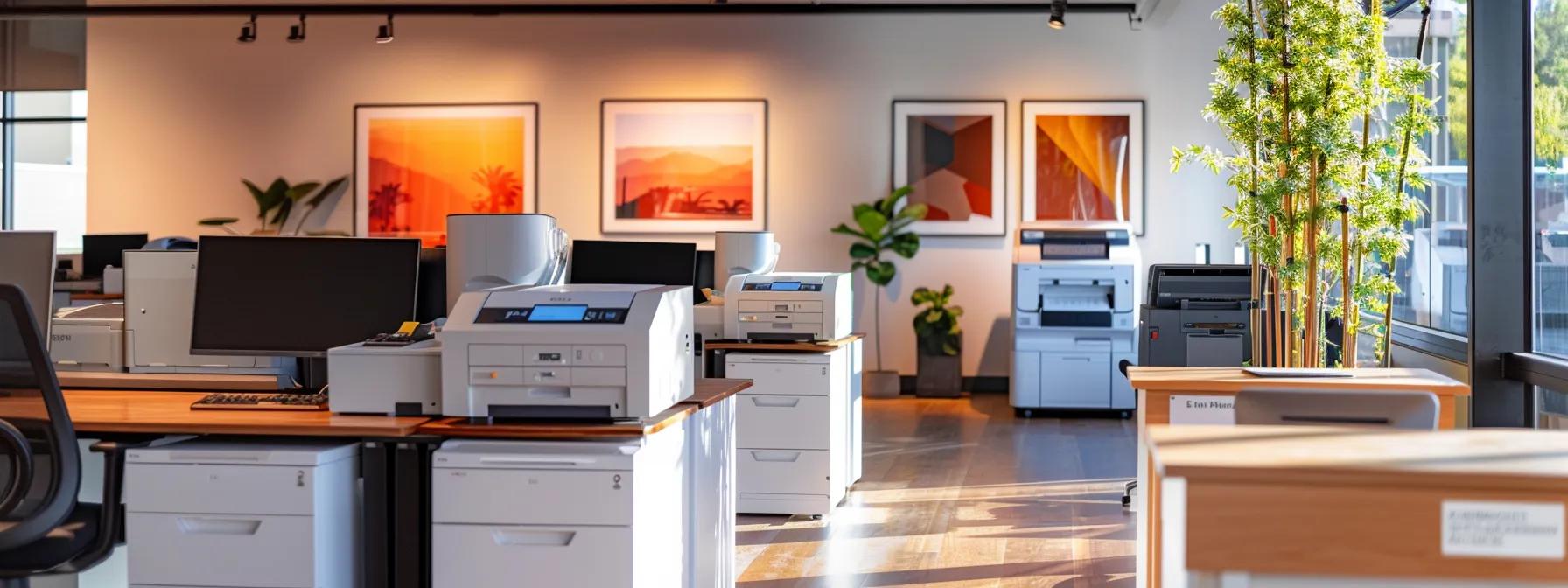 a sleek, modern office environment showcasing a range of office printers—ranging from compact black-and-white models to advanced color multifunction devices—bathed in warm, ambient lighting, highlighting the diversity in leasing options available for businesses in santa barbara.