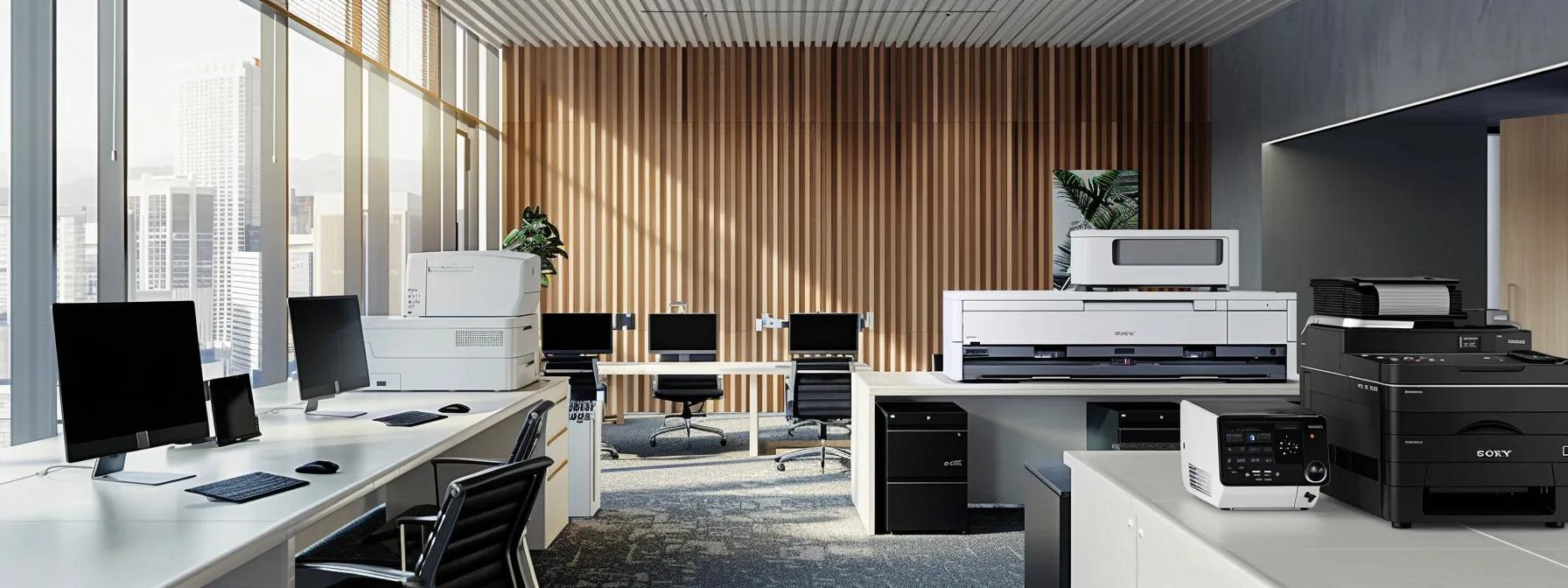 a sleek, modern office environment featuring a well-organized workspace equipped with various printer models and digital displays, illustrating the diverse options and features influencing printer rental costs in ventura.