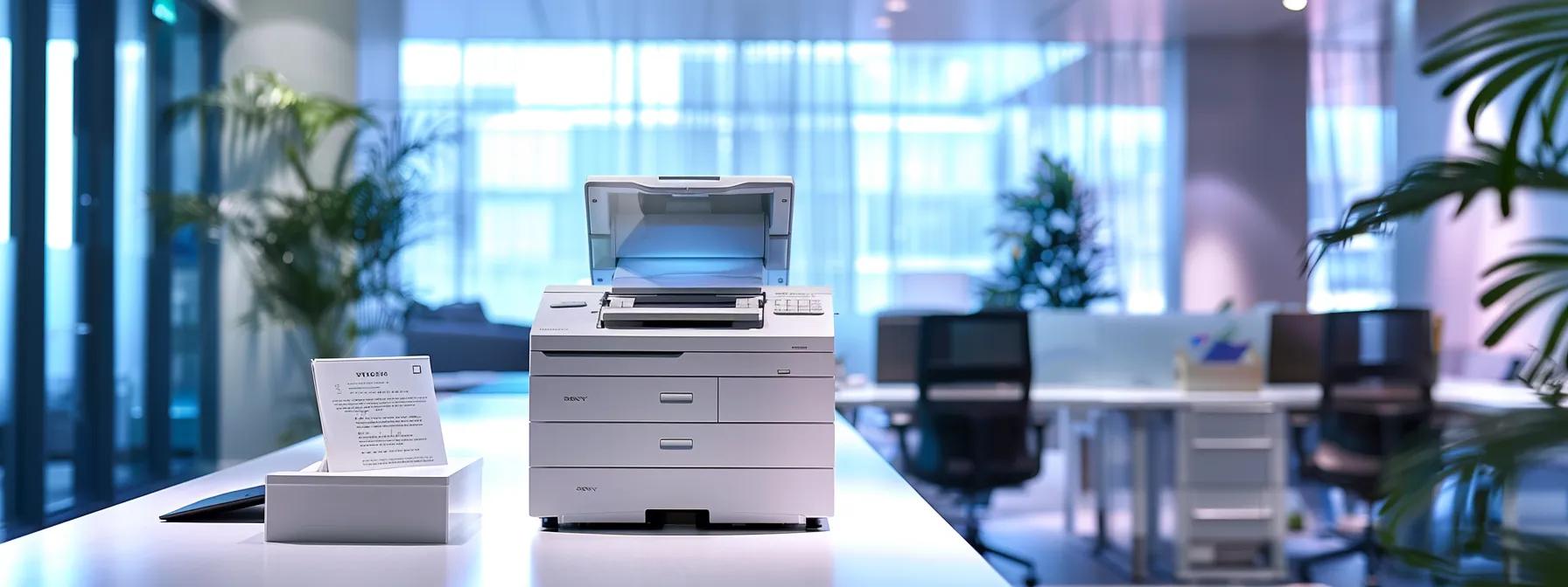 a sleek, modern office environment features a sharp focus on a high-tech printer with an open lease agreement displayed beside it, capturing the essence of uncovering hidden charges in printer leases through a dramatic play of overhead fluorescent lighting.