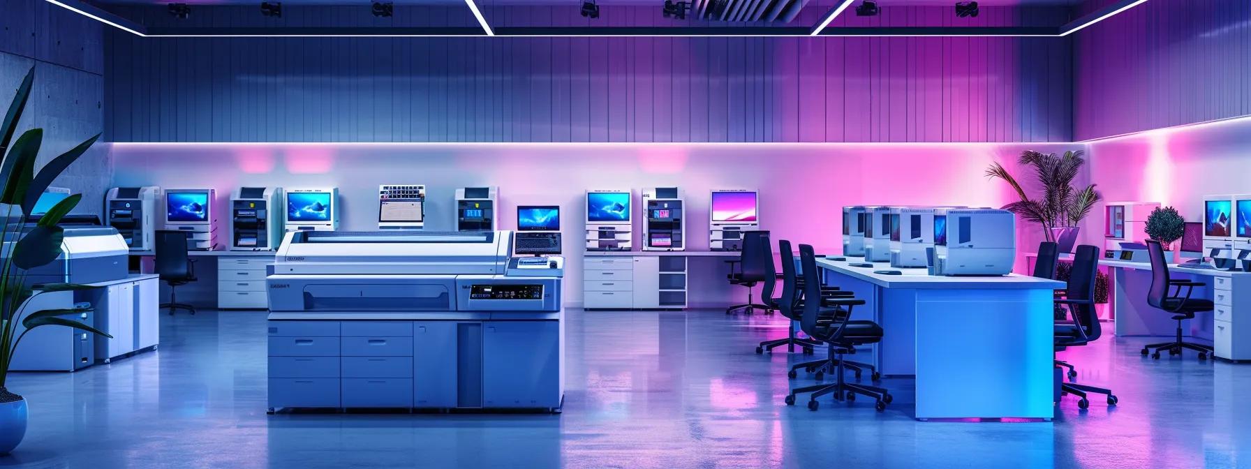a sleek modern office interior showcases a polished display of top commercial printers from brands like xerox, hp, and canon, each highlighted under vibrant led lighting, emphasizing their advanced technology and professional appeal.