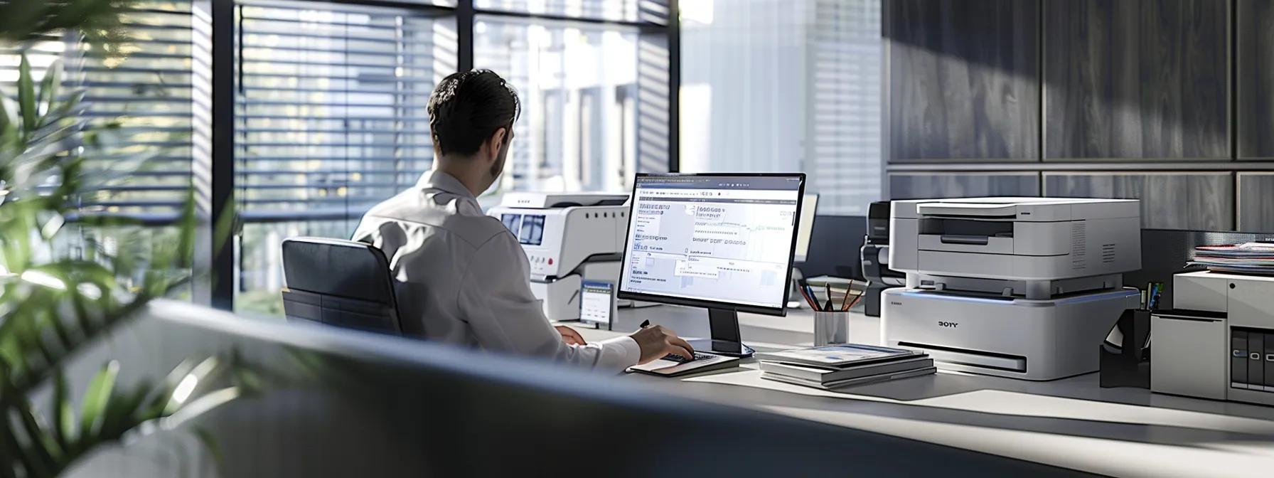 a sleek, modern office setting adorned with high-tech printers, a user-friendly online service portal displayed on a laptop screen, and a focused business professional engaged in real-time tracking of a maintenance request, all bathed in bright, efficient lighting.