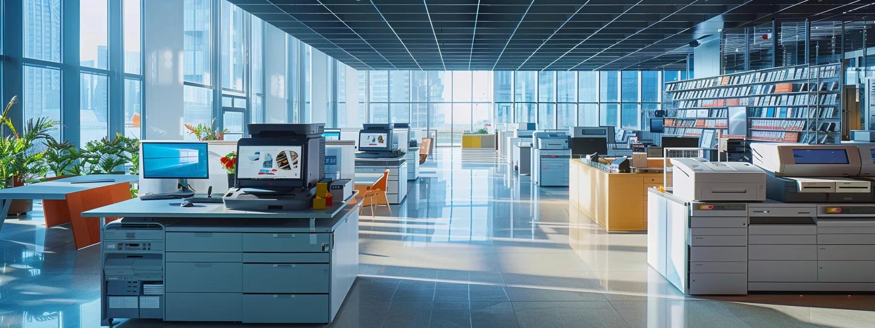 a sleek, modern office setting showcases a diverse selection of advanced commercial printers, including a high-speed laser printer and a vibrant inkjet model, arranged neatly on polished desks amidst strategic business documents and digital displays, highlighting the nuances of printing technology for productivity enhancement.