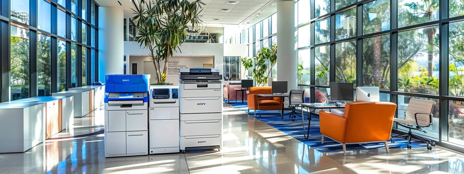 a sleek, modern office space in thousand oaks showcases a high-tech commercial printer prominently displayed, surrounded by financial documents and leasing contracts, emphasizing the strategic decision-making process in printer leasing services.