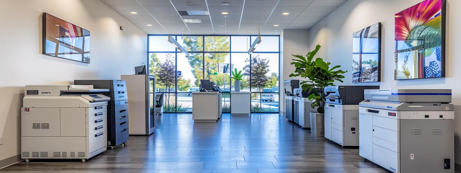 a sleek, modern office space in thousand oaks featuring a diverse range of commercial printers displayed prominently, highlighting various leasing options with vivid signage and engaging visuals that emphasize the benefits of managed print services for local businesses.
