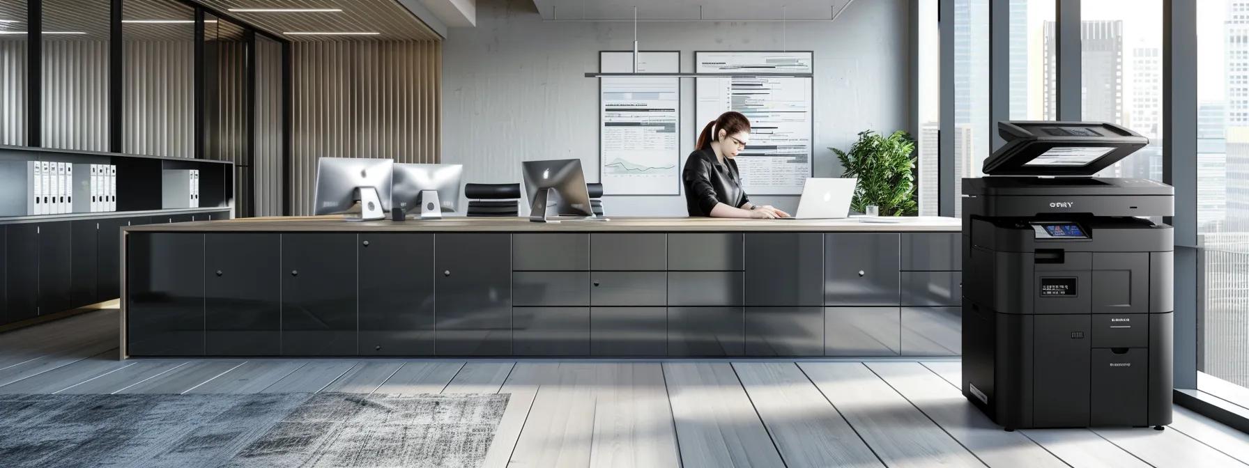 a sleek, modern office space showcases a financial analyst intently reviewing detailed documents and graphs about leasing versus buying options for commercial printers, with a digital display illuminating the complexities of cash flow management and investment returns.