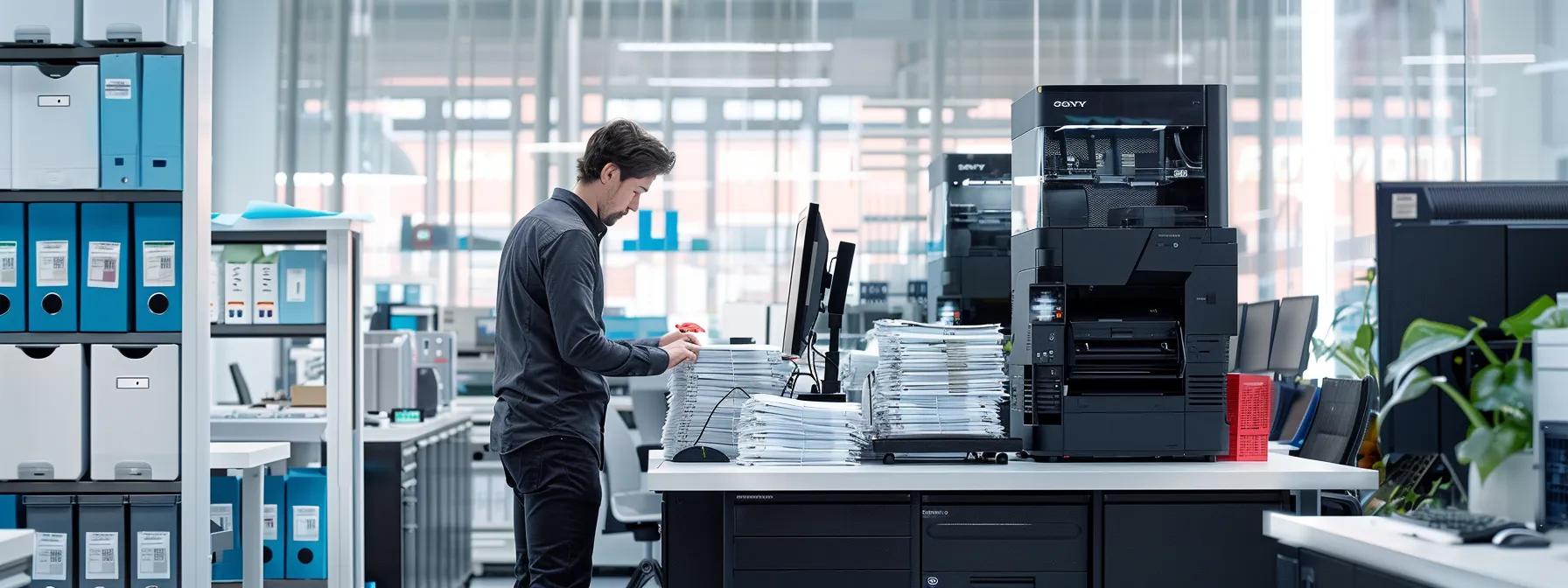 a sleek, modern office space features a technician in action, expertly diagnosing a high-tech printer surrounded by stacks of printed documents and diagnostic tools, highlighting the efficient resolution of common printer maintenance issues.
