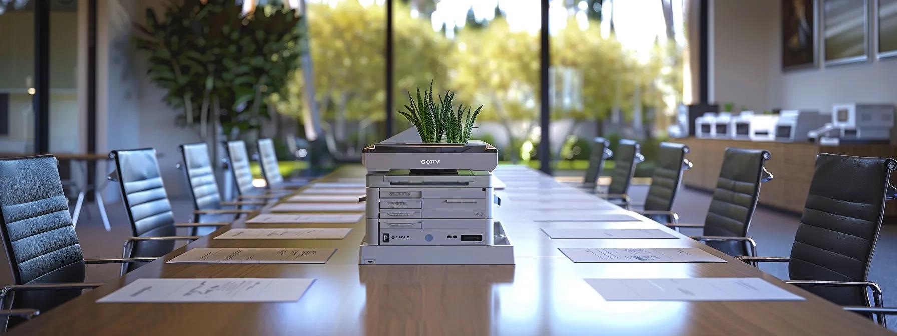 a sleek office conference room is filled with modern printers and leasing documents on a polished table, emphasizing the intricacies of a standard printer lease agreement in santa barbara.