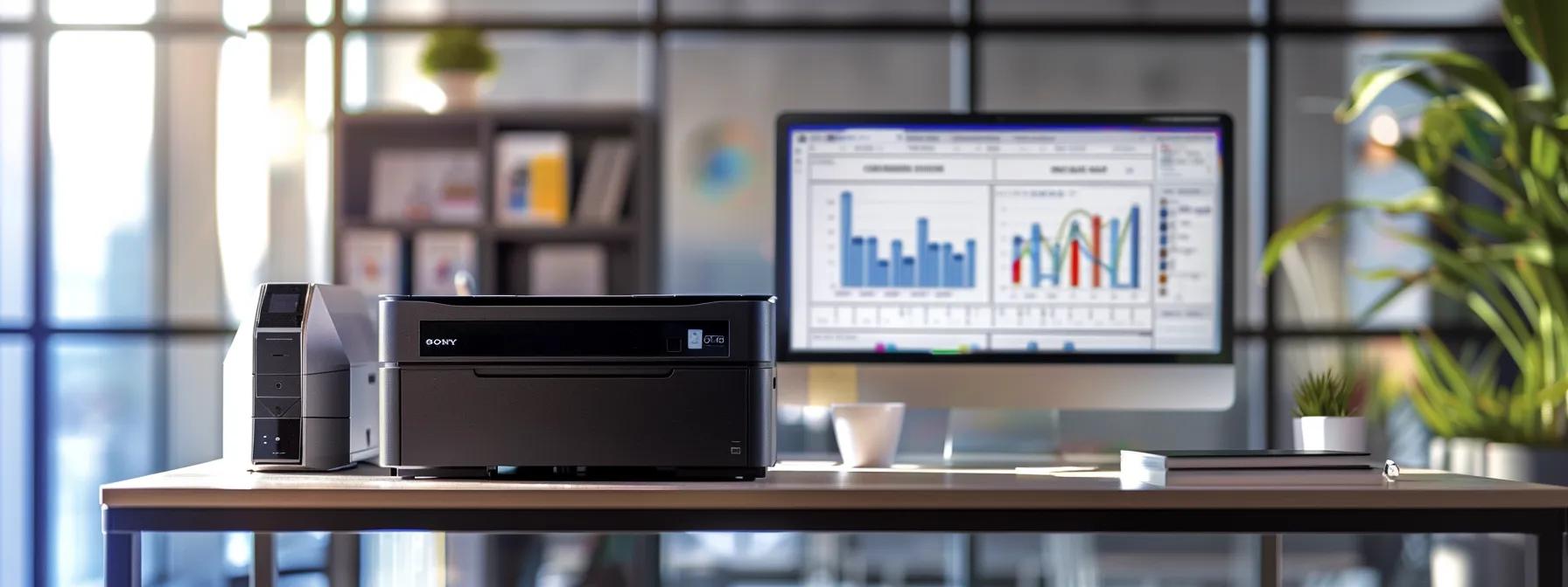 a sleek office environment features a modern printer prominently on a polished desk, with a clear, upward-angled view of price breakdown charts displayed on a digital screen in the background, highlighting the complexity of printer rental costs.