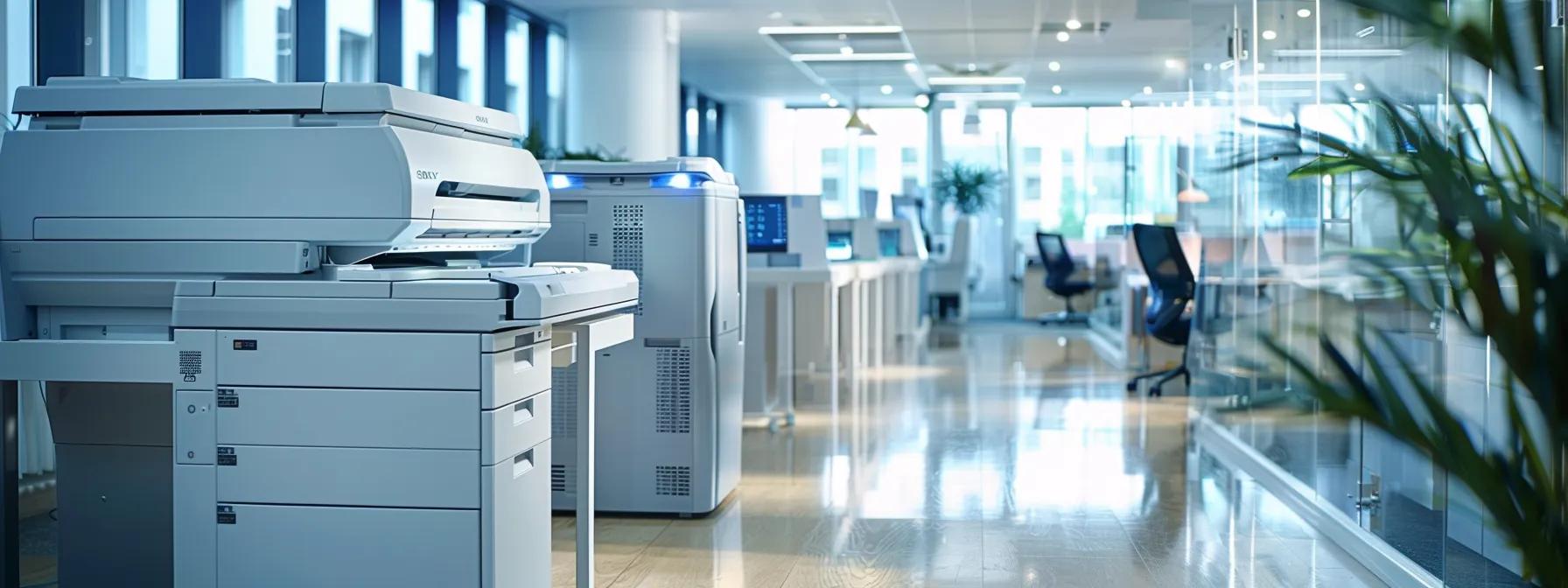 a sleek office environment showcases a modern printer and copier setup, highlighting a vibrant, informative display of the essential features and benefits of comprehensive maintenance agreements for leased printers, with dynamic lighting emphasizing the professional atmosphere.