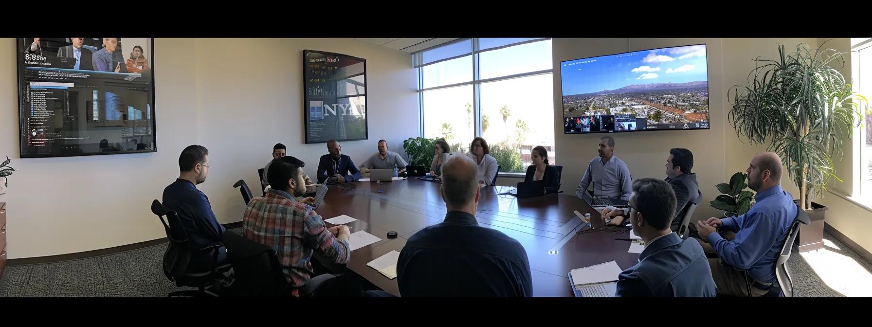 an urban office setting in thousand oaks, showcasing a diverse group of professionals engaged in a focused discussion around a sleek conference table, with a large screen displaying a comparative analysis of commercial printer lease providers and their service level agreements.