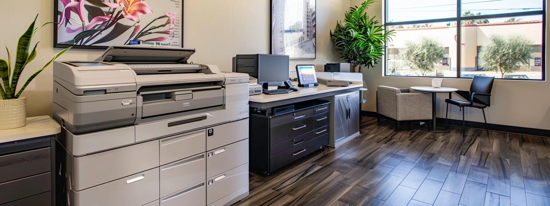 a modern office environment in ventura showcases a sleek copier machine prominently displayed alongside informational brochures outlining diverse leasing options, emphasizing professionalism and efficiency in a dynamic workspace.