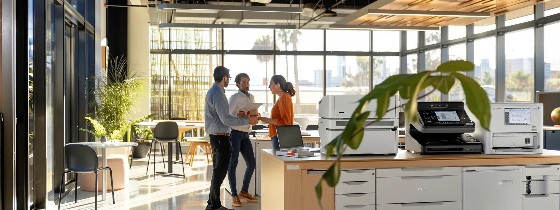 a modern office environment showcases a sleek, multifunction copier in use, with a team of focused professionals engaged in a collaborative discussion, emphasizing the seamless support and tailored solutions provided by ventura business solutions.