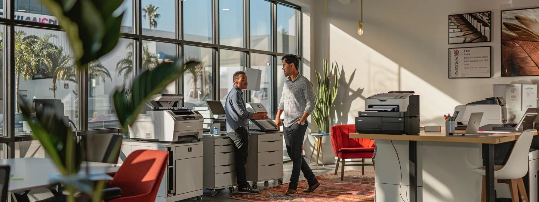 a modern office space in ventura showcases a professional discussion between a local printer leasing representative and a business owner, emphasizing personalized service with sleek printers and office equipment prominently displayed.