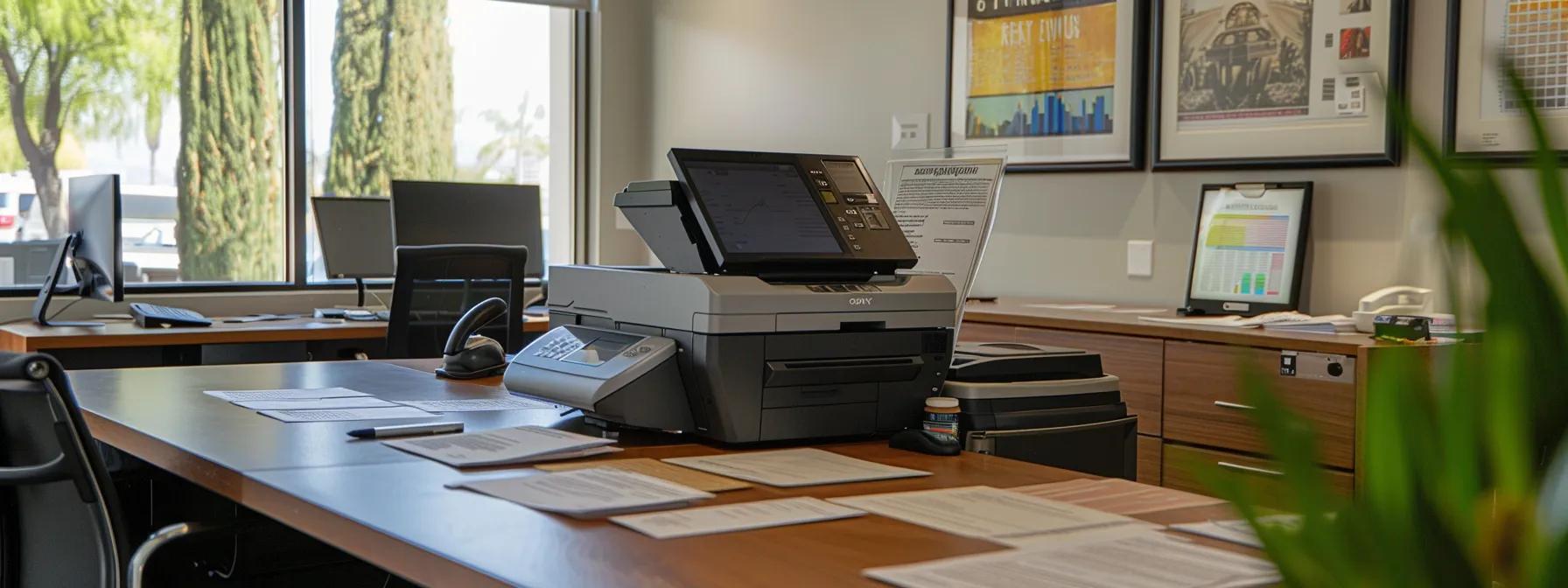 a professional office setting in ventura featuring a modern copier machine prominently displayed alongside a sleek conference table, with lease agreement papers strategically arranged to emphasize the variety of customizable options available for businesses.