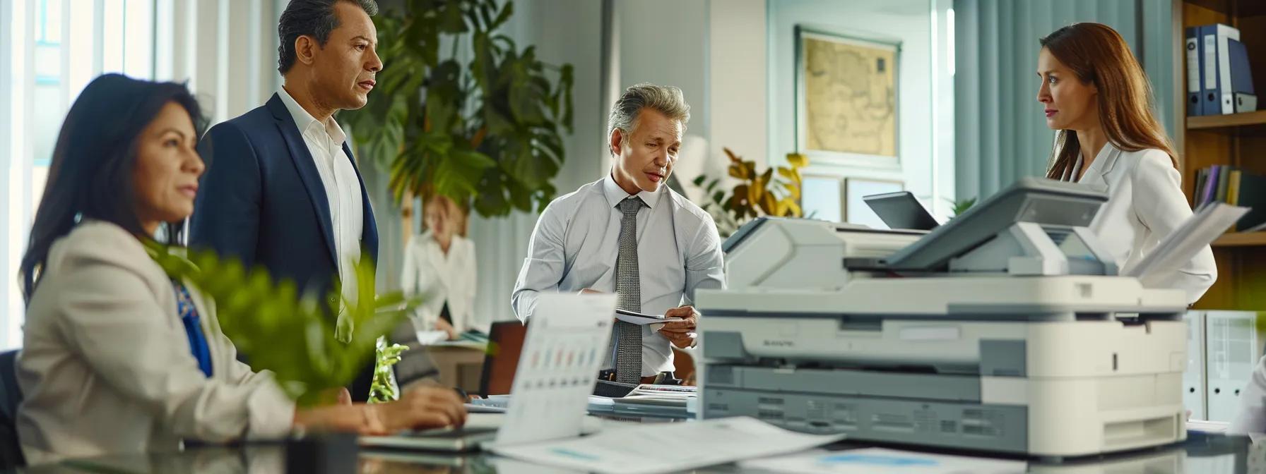 a professional office setting showcases a diverse group of business executives engaged in a detailed discussion around a sleek copier machine, with charts and technology comparison documents spread across a polished conference table, highlighting the strategic decision-making process for selecting the right copier solution.
