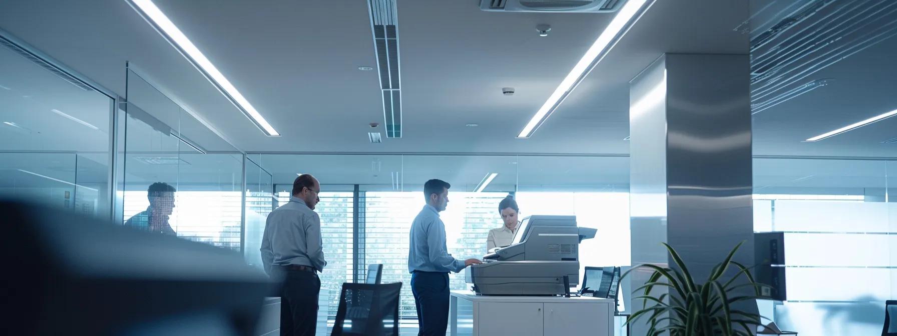 a sleek, modern office environment illuminated by bright overhead lights showcases a high-tech copier surrounded by worried employees discussing contract details, emphasizing the complexities and challenges of copier leasing.