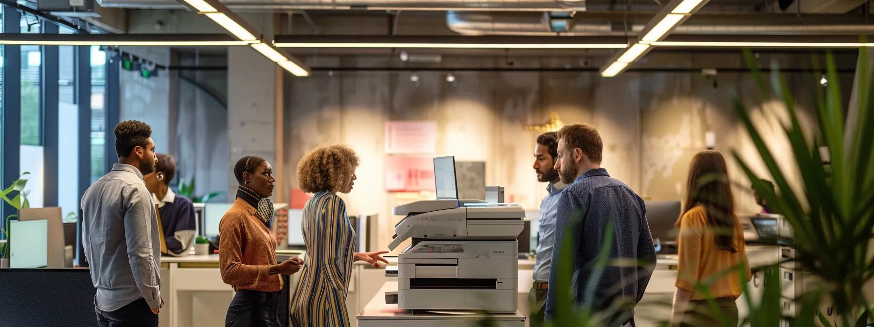 a sleek, modern office environment showcases a group of professionals gathered around a high-tech copier, engaging in a focused discussion about local leasing options, with bright overhead lights illuminating the space.