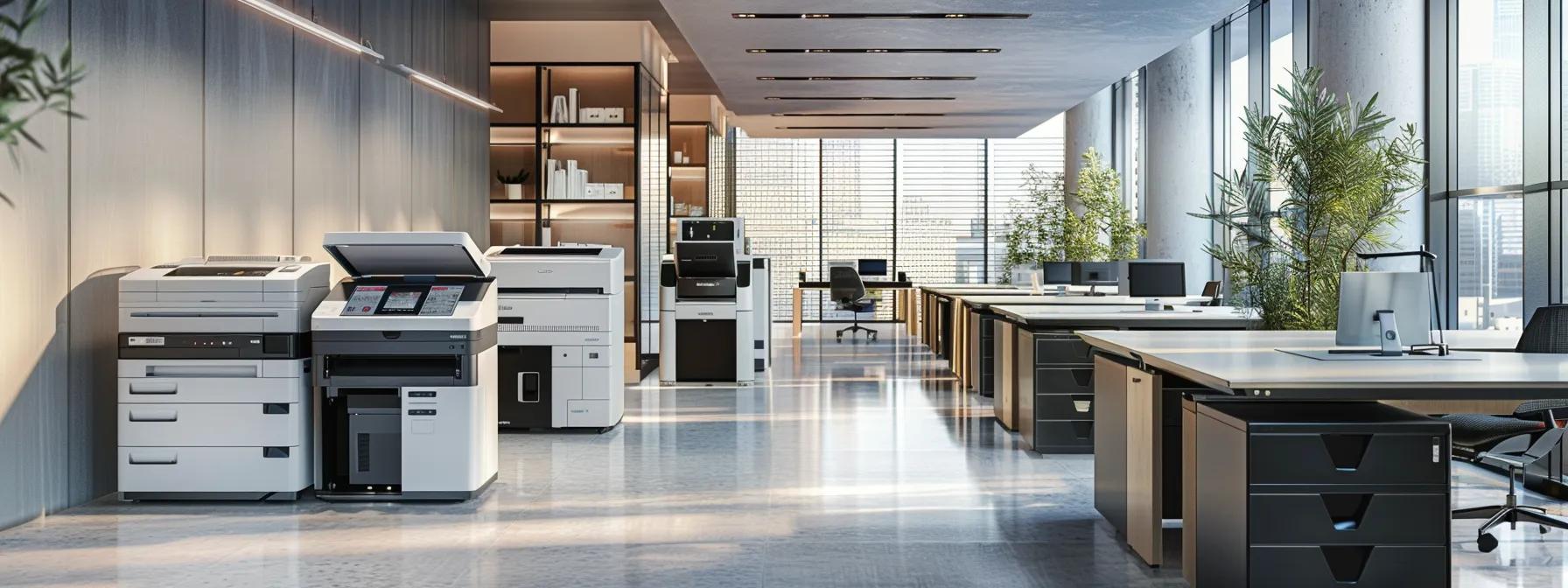 a sleek, modern office environment showcases a diverse array of printers, including high-volume laser models and compact multifunction devices, each strategically positioned on polished desks to highlight their functionality in a professional workspace.
