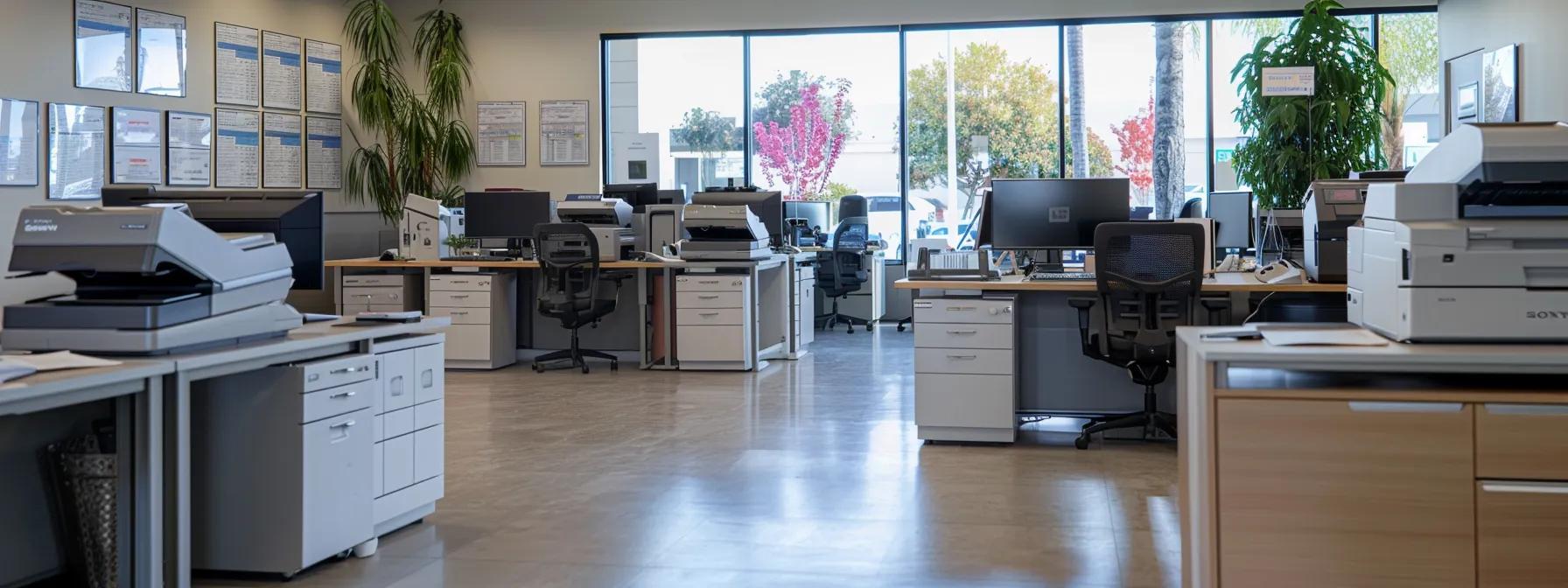 a sleek modern office interior showcases a diverse selection of multifunction copiers on display, emphasizing the range of options available for companies in ventura to enhance their document management solutions.