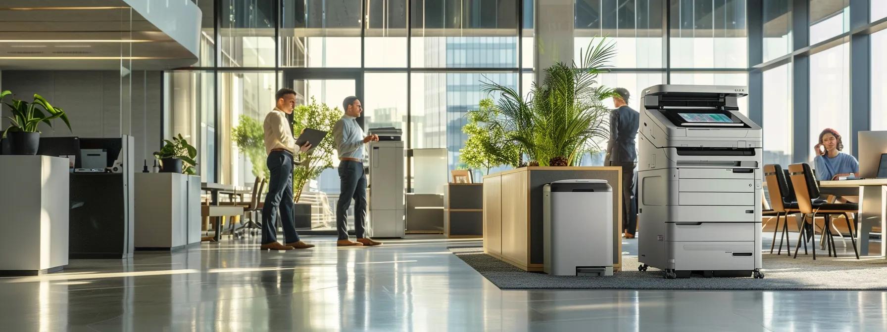 a sleek, modern office interior showcases a state-of-the-art copier surrounded by professionals reviewing its advanced features, emphasizing strategic discussions about maximizing lease value and operational efficiency.