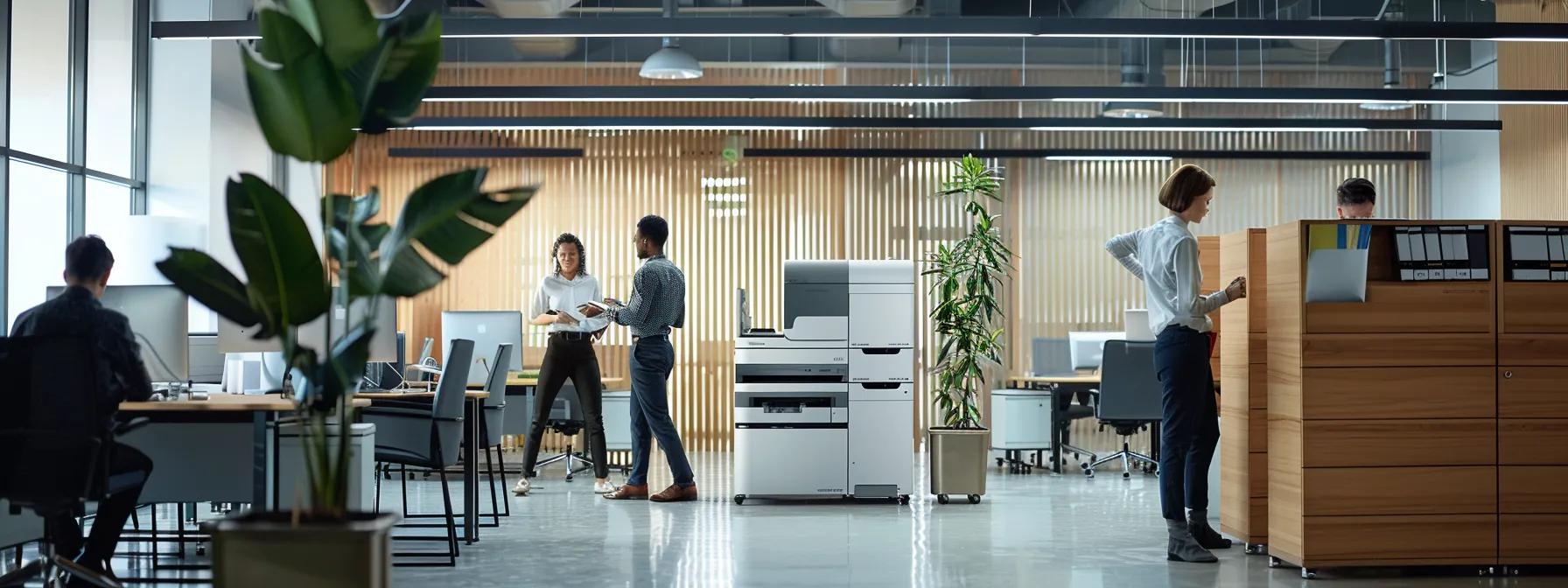 a sleek, modern office setting features a pristine copier machine surrounded by employees engaged in collaborative discussions, illuminated by bright overhead lighting, emphasizing the advantages of copier leasing for efficient document management.