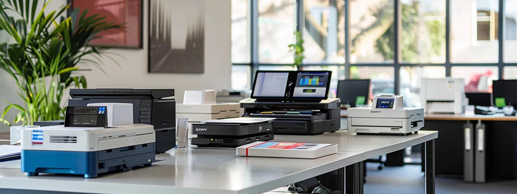 a sleek, modern office setting showcasing an array of diverse printers—including futuristic laser, vibrant inkjet, and compact multifunction devices—while a professional analyzes options on a digital tablet, embodying the theme of efficient technology leasing for evolving business needs.