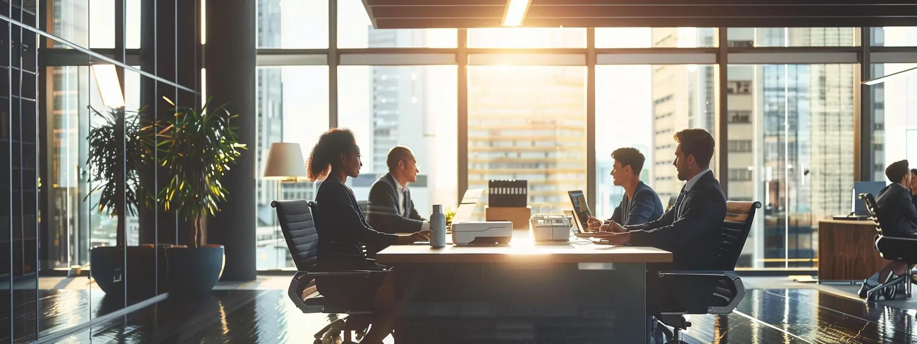 a sleek, modern office setting showcases a diverse group of business professionals engaged in a dynamic discussion over printer leasing proposals, with detailed charts and documents spread across a polished conference table under bright, focused overhead lighting.