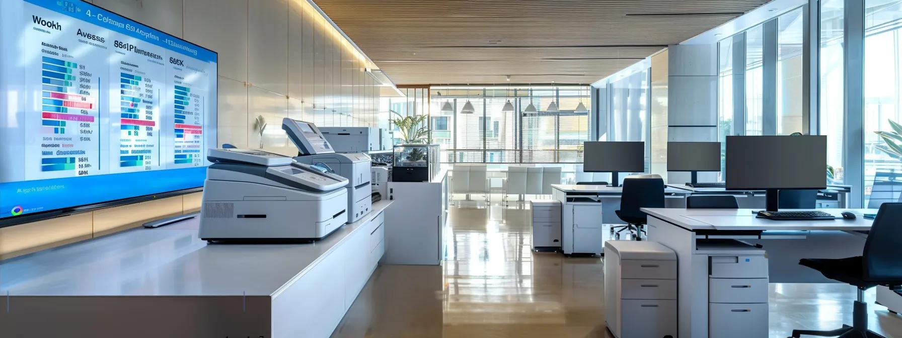 a sleek, modern office space showcases a variety of multifunction copiers, highlighting the contrasting features and lease options with illuminated pricing charts displayed on a digital screen in the background.
