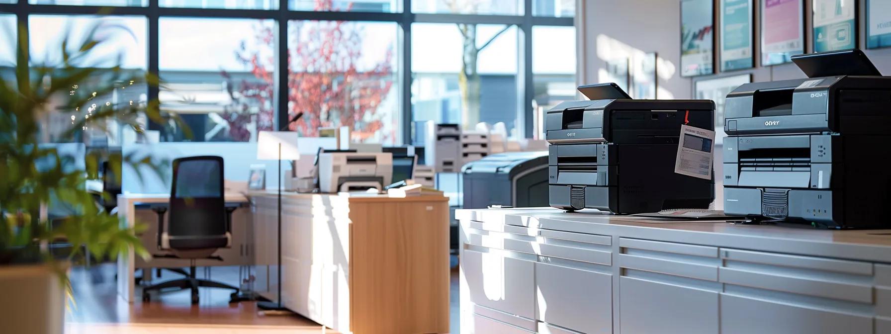 a sleek, modern office space showcases a variety of high-tech printers arranged elegantly, with vibrant promotional materials highlighting flexible leasing options and maintenance services displayed prominently on stylish desks.