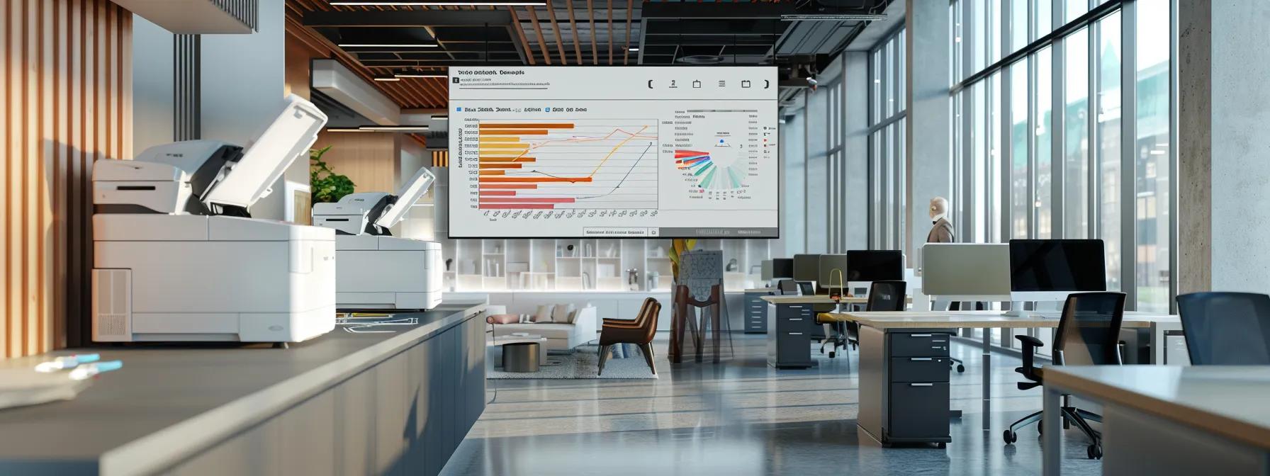 a sleek modern office space features an array of high-tech copiers prominently displayed, with dynamic charts and graphs on a large screen illustrating flexible leasing options and pricing structures essential for business decisions.