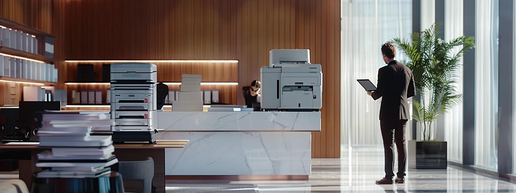 a sleek, modern office space showcases a sophisticated copier beside a tall stack of financial reports, while a businessman evaluates the copier’s price on a tablet, reflecting the crucial decision between purchase and lease.