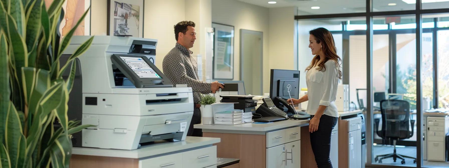 a sleek, modern office with a professional consultant engaging with a business owner while showcasing a high-tech copier machine, illuminated by bright, overhead lighting that emphasizes the partnership and tailored solutions ventura office solutions offers.